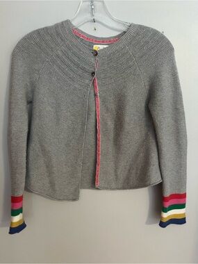 Mini Boden Gray Cardigan with Pink Trim and Multicolor‎ Stripe Cuffs